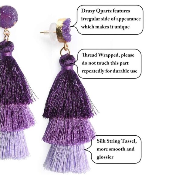 14K Yellow Gold with Purple Ombre Silk Thread Tassel and Quartz Druzy Earrings - Picture 3 of 8